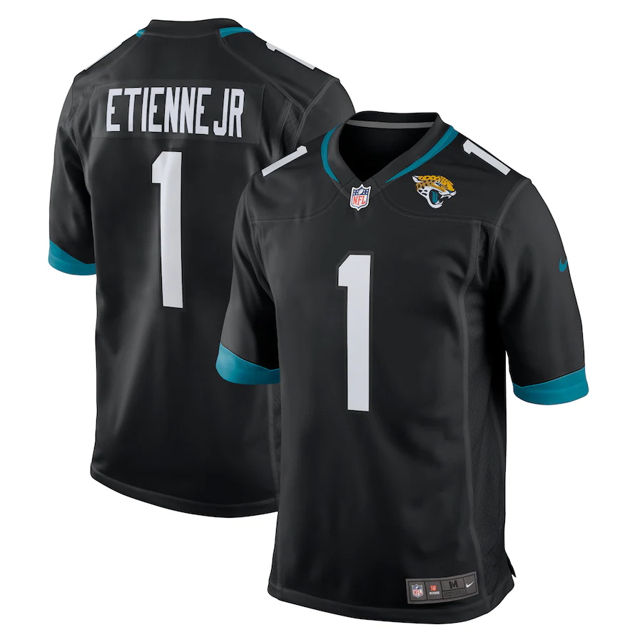 Mens Jacksonville Jaguars #1 Travis Etienne Nike Black Alternate 2021 NFL Draft First Round Pick Game Jersey->denver broncos->NFL Jersey